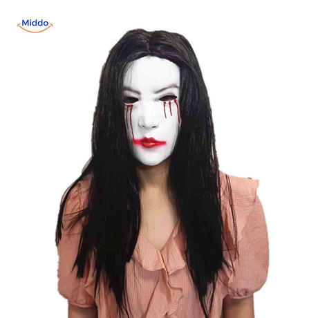 masque visage blanc avec larmes de sang et lèvres rouges pour halloween terrifiant