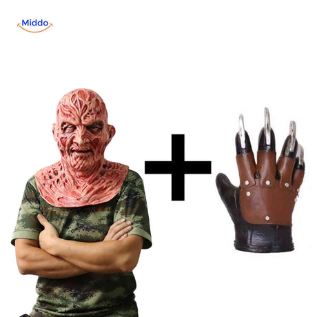 masque zombie brûlé halloween présenté avec une main à griffes menaçantes