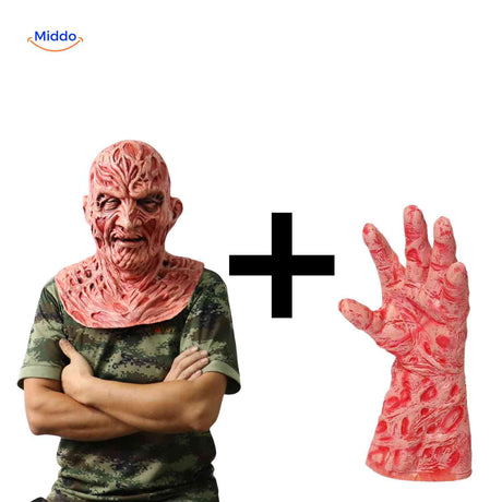 masque zombie brûlé présenté avec une main sans griffes pour comparer les variantes