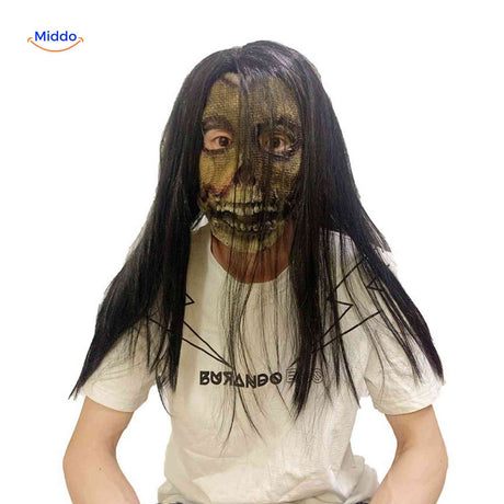 masque zombie horreur avec longs cheveux noirs et visage vert repoussant halloween