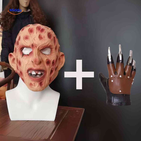 masque zombie avec taches rouges accompagné d'une main portant des griffes