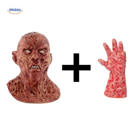 masque zombie avec yeux blancs présenté avec une main sans griffes