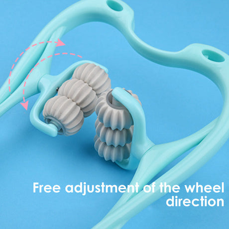 masseur cervical 6 roues points de pression bleu ciel, gros plan sur les roues mobiles