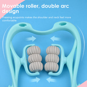 masseur cervical 6 roues bleu ciel avec flèches indiquant le sens de rotation des roues
