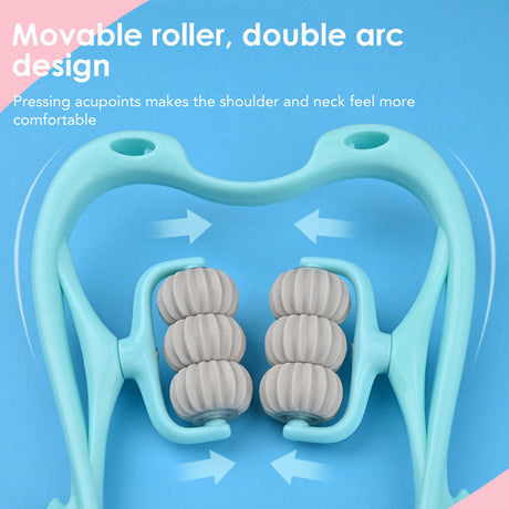 masseur cervical 6 roues bleu ciel avec flèches indiquant le sens de rotation des roues