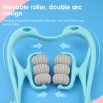 masseur cervical 6 roues bleu ciel avec flèches indiquant le sens de rotation des roues