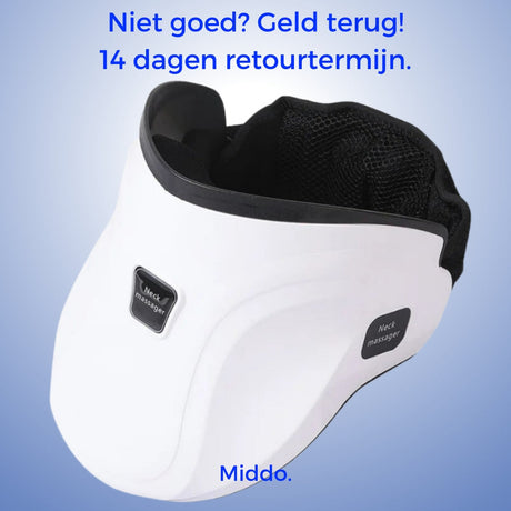 masseur cervical blanc sur fond bleu clair avec mention de la garantie de retour