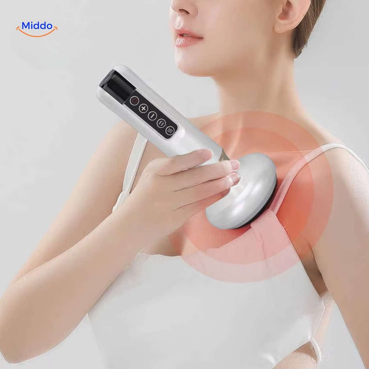 masseur cupping appliqué sur les épaules avec intensité ajustable pour soulager les contractures