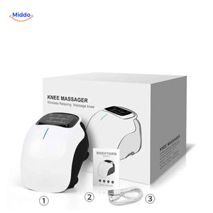 masseur genou sans fil et son contenu de boite : appareil, accessoires et cable de chargement inclus