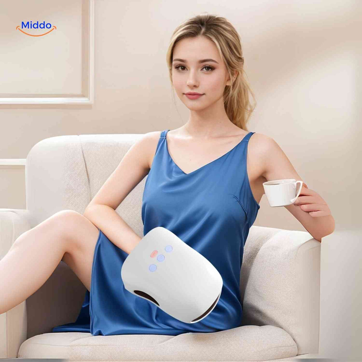 massage confortable de la main accompagne d'une tasse de the pour se detendre