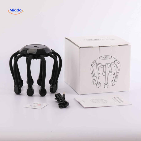 masseur de tête rechargeable connecté à son chargeur USB inclus