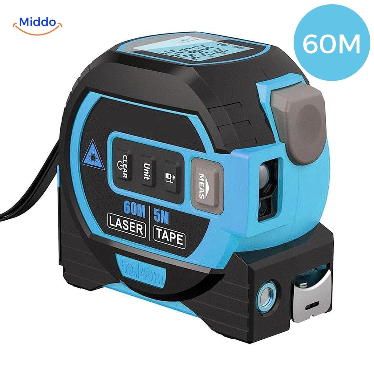 mètre laser 3-en-1 bleu avec laser en croix activé, portée jusqu'à 60 m