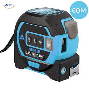 mètre laser 3-en-1 bleu avec laser en croix activé, portée jusqu'à 60 m