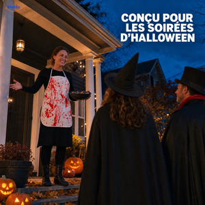 BloodstainFX tablier de costume d’Halloween: femme costumée accueillant des invités à Halloween.