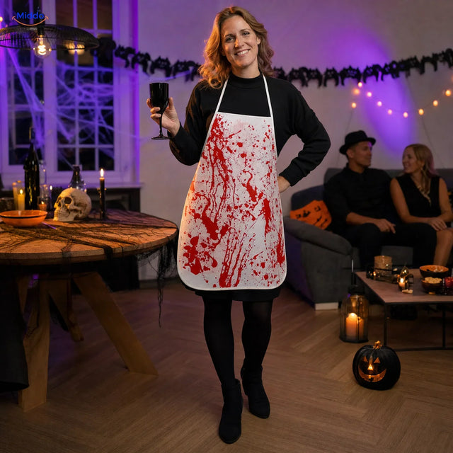 BloodstainFX tablier de costume d’Halloween: femme portant le tablier blanc à motif sanglant rouge lors d’une fête.