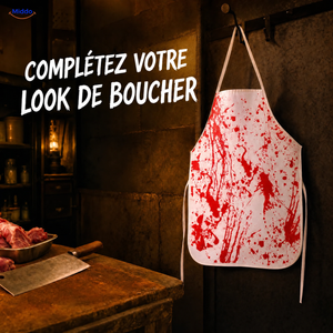 BloodstainFX tablier de costume d’Halloween: tablier suspendu à un crochet dans un décor d’Halloween.