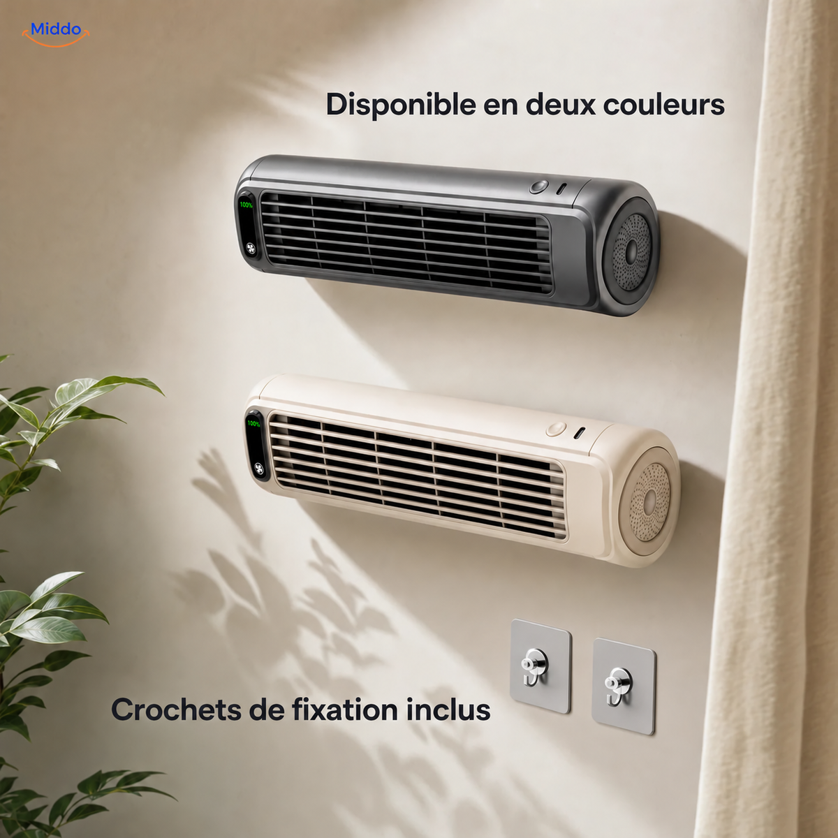 BreezeFlex ventilateur mural rechargeable: comparaison des modèles gris et blanc avec crochets muraux.