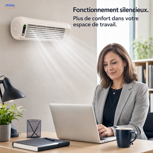 BreezeFlex ventilateur mural rechargeable: modèle blanc au mur près d’un espace de travail.