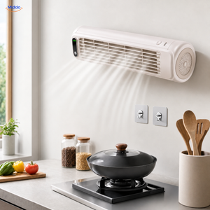 BreezeFlex ventilateur mural rechargeable: modèle blanc avec deux crochets au-dessus d’un plan de travail.