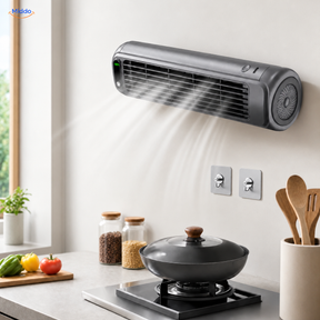 BreezeFlex ventilateur mural rechargeable: modèle gris avec deux crochets au-dessus d’un plan de travail.