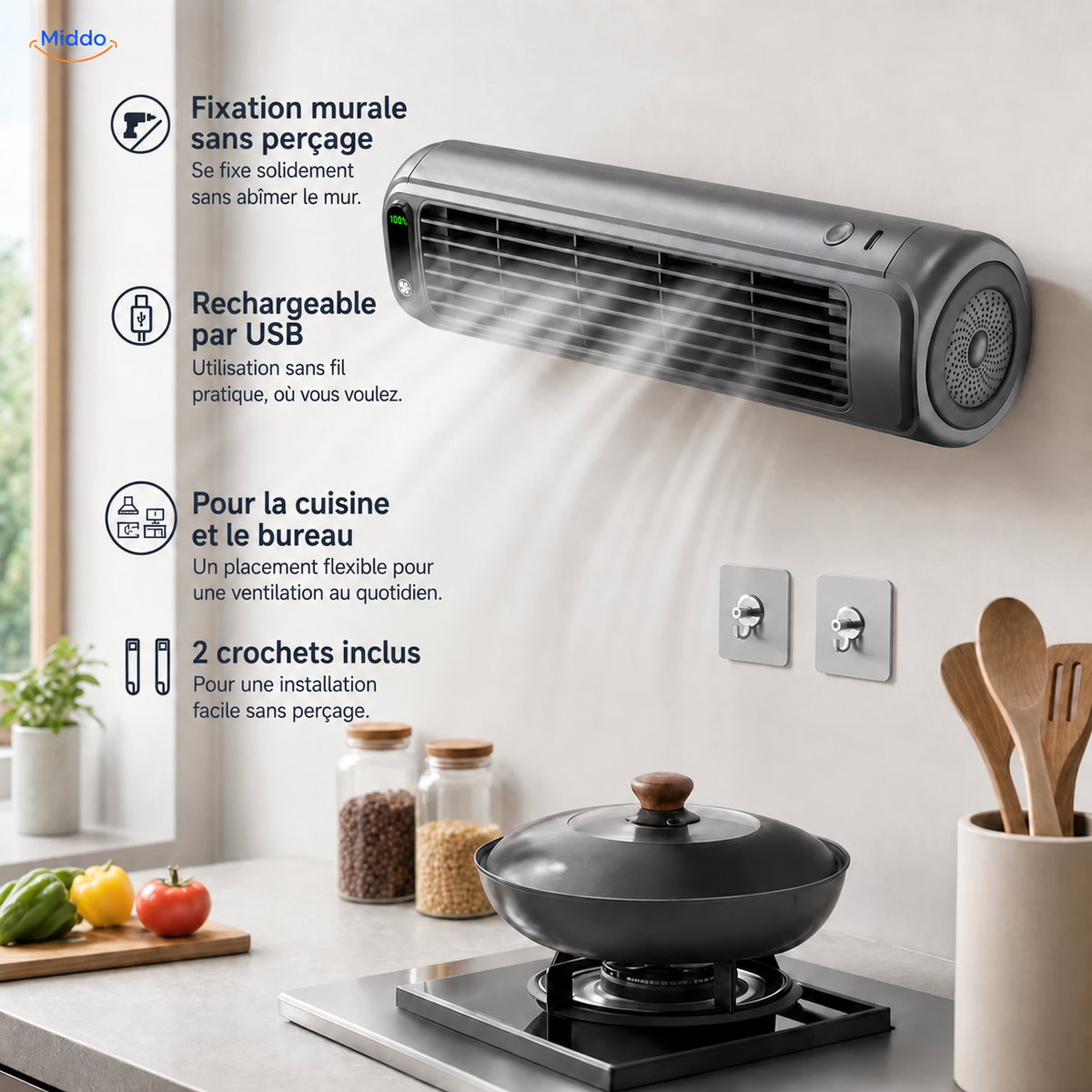 BreezeFlex ventilateur mural rechargeable: modèle gris avec présentation du montage, de la recharge USB et des crochets.