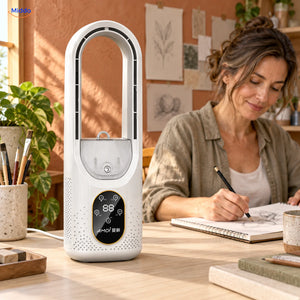 BreezeLite ventilateur USB de bureau: modèle blanc près d’une femme en train d’écrire.