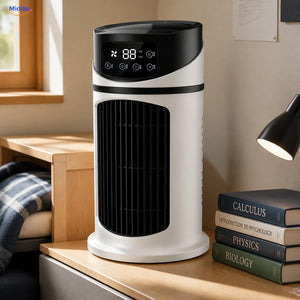 BreezeMist ventilateur USB de table avec brumisation: détail de l’écran près d’une pile de livres.