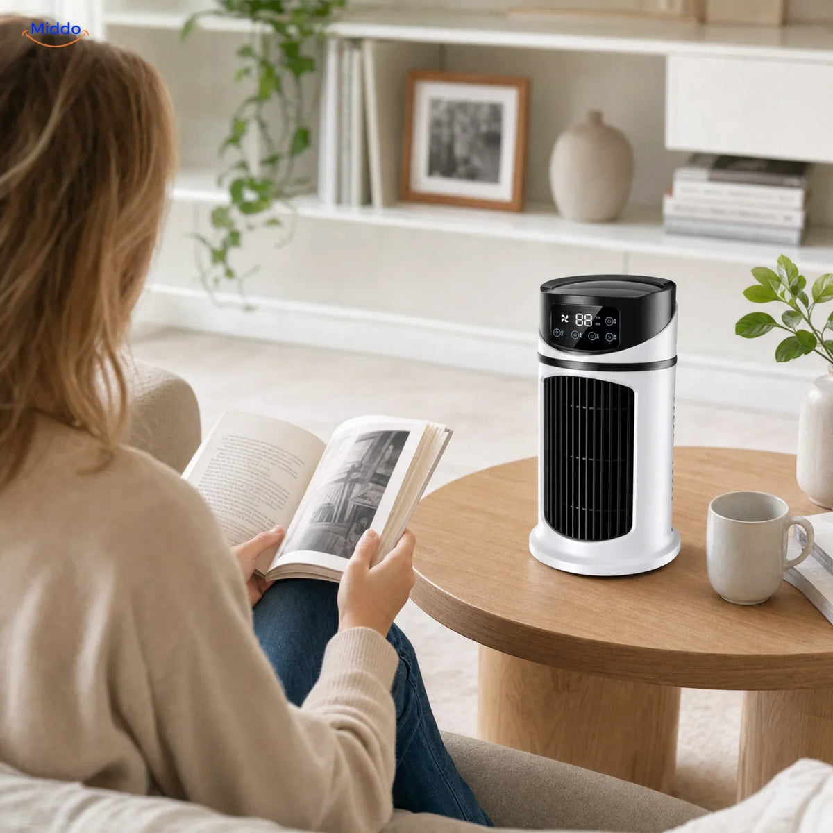 BreezeMist ventilateur USB de table avec brumisation: femme lisant un livre près du ventilateur.