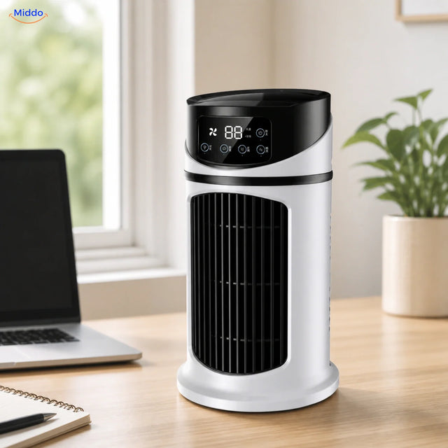 BreezeMist ventilateur USB de table avec brumisation: modèle blanc et noir près d’un ordinateur portable sur un bureau.
