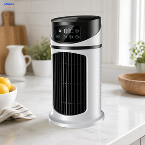 BreezeMist ventilateur USB de table avec brumisation: modèle blanc et noir sur un plan de travail.