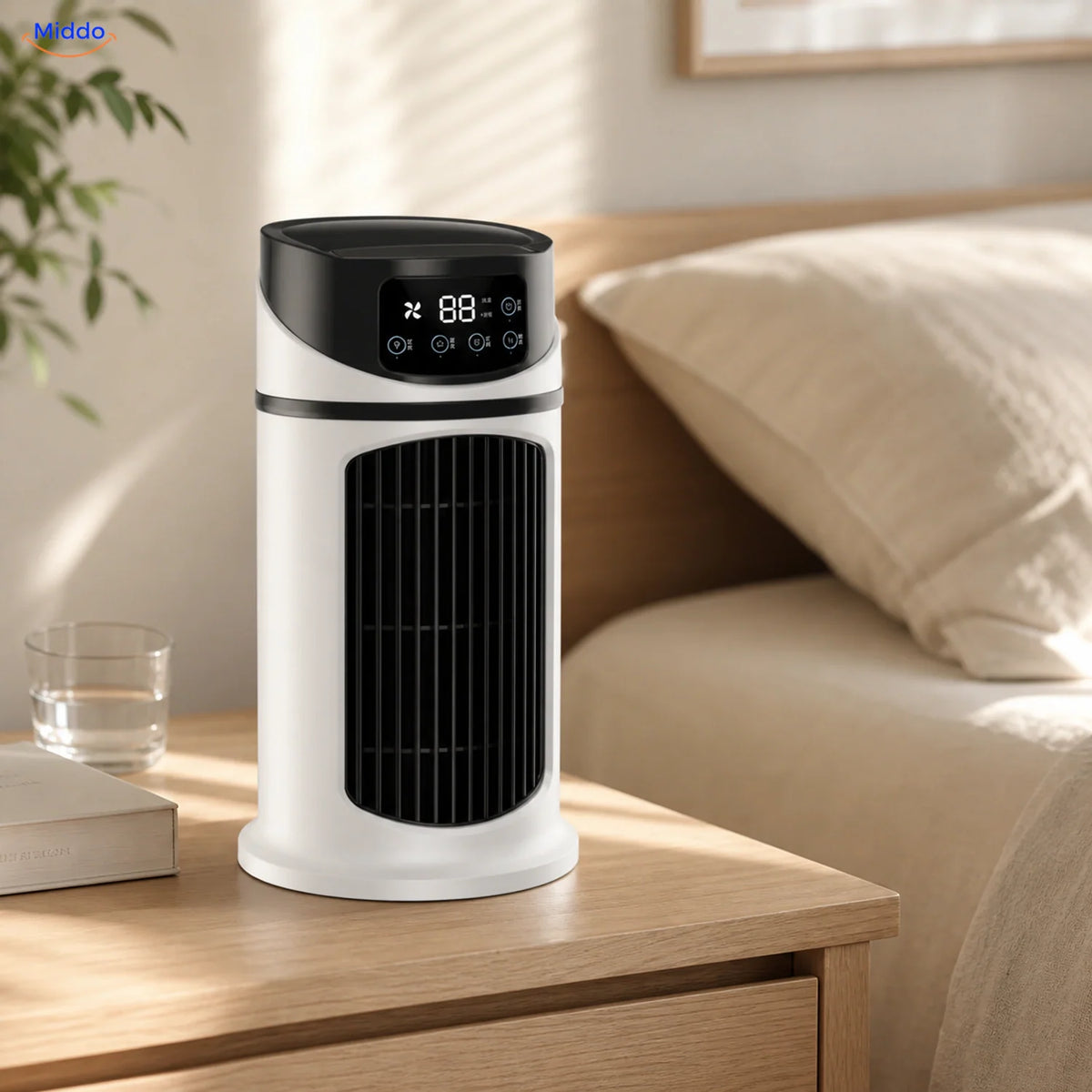 BreezeMist ventilateur USB de table avec brumisation: modèle blanc et noir sur une table de chevet.