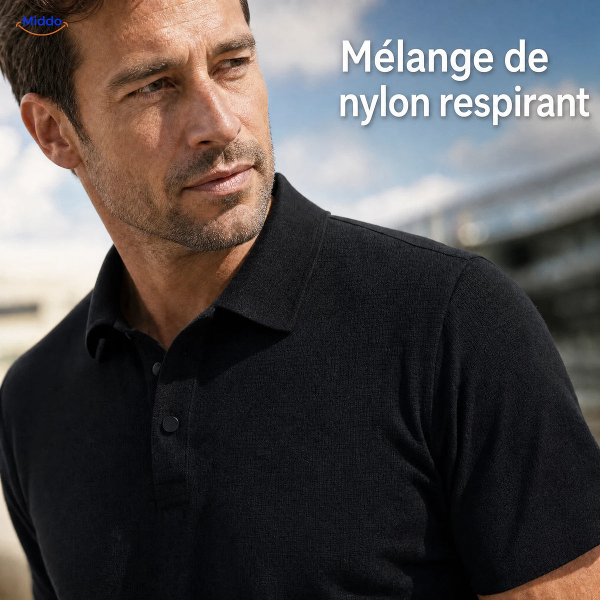 BreezeWear polo homme à manches courtes: gros plan du tissu noir, du col et des boutons.