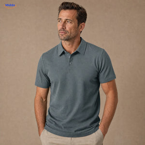 BreezeWear polo homme à manches courtes: modèle bleu grisé porté par un homme.