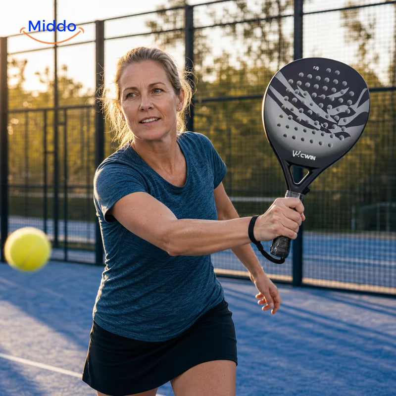 CourtControl raquette de padel: joueuse frappant une balle avec une raquette ronde.