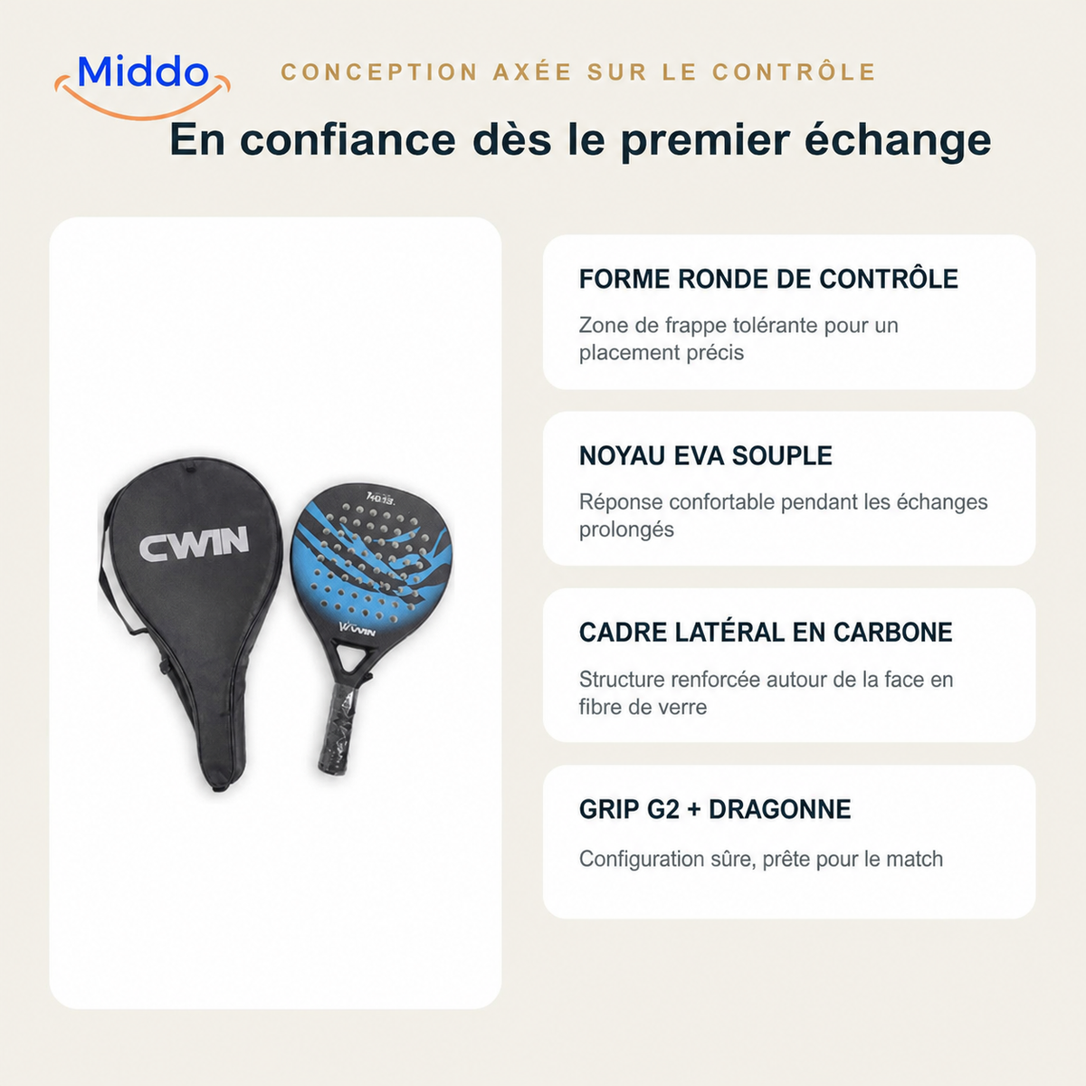 CourtControl raquette de padel: présentation de la forme ronde, du noyau EVA et du manche.