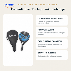 CourtControl raquette de padel: présentation de la forme ronde, du noyau EVA et du manche.