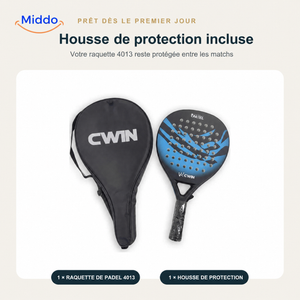 CourtControl raquette de padel: raquette bleue avec housse de protection noire.