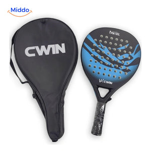 CourtControl raquette de padel: raquette bleue avec housse noire sur fond blanc.