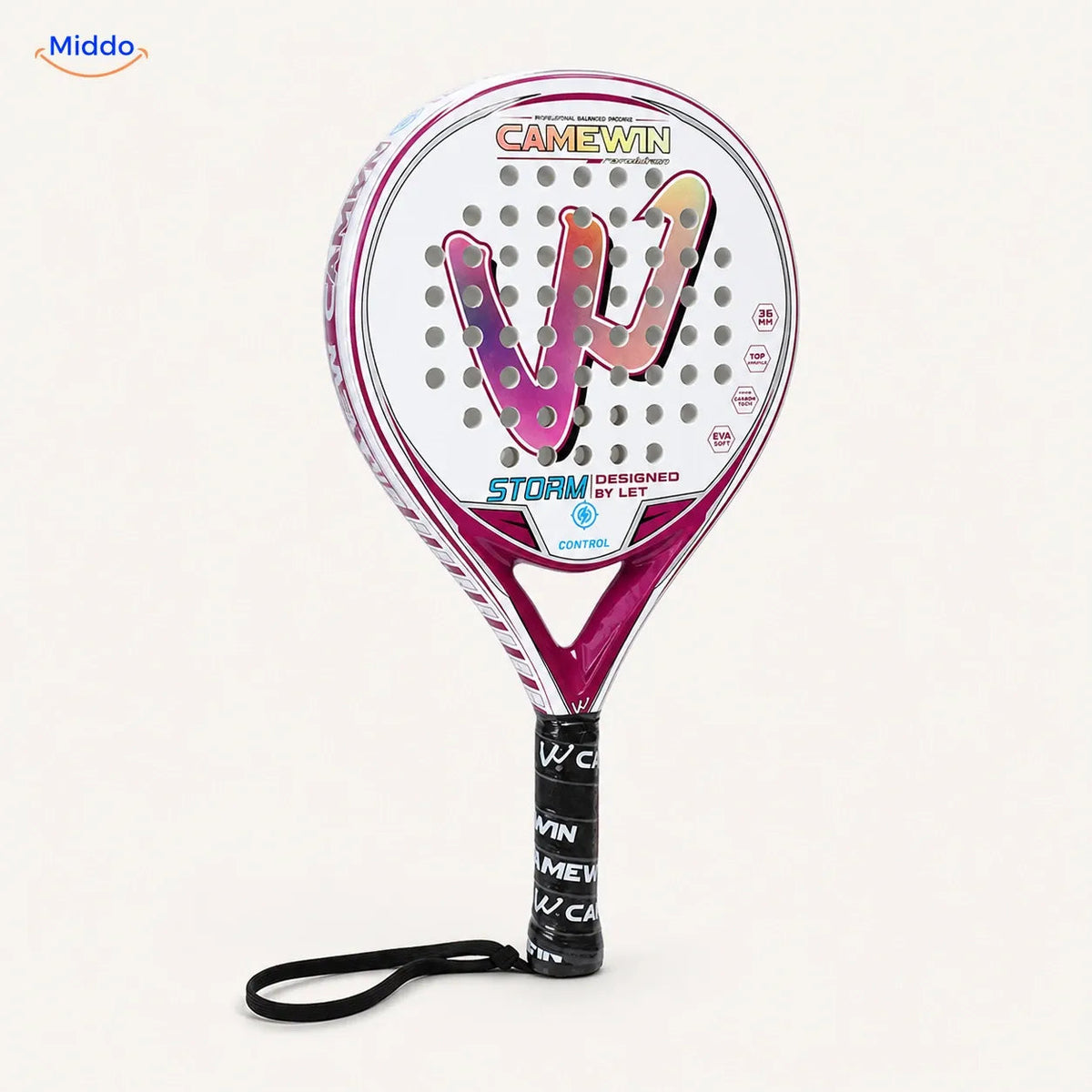 CourtMatch raquette de padel: modèle blanc et rose vu de face.