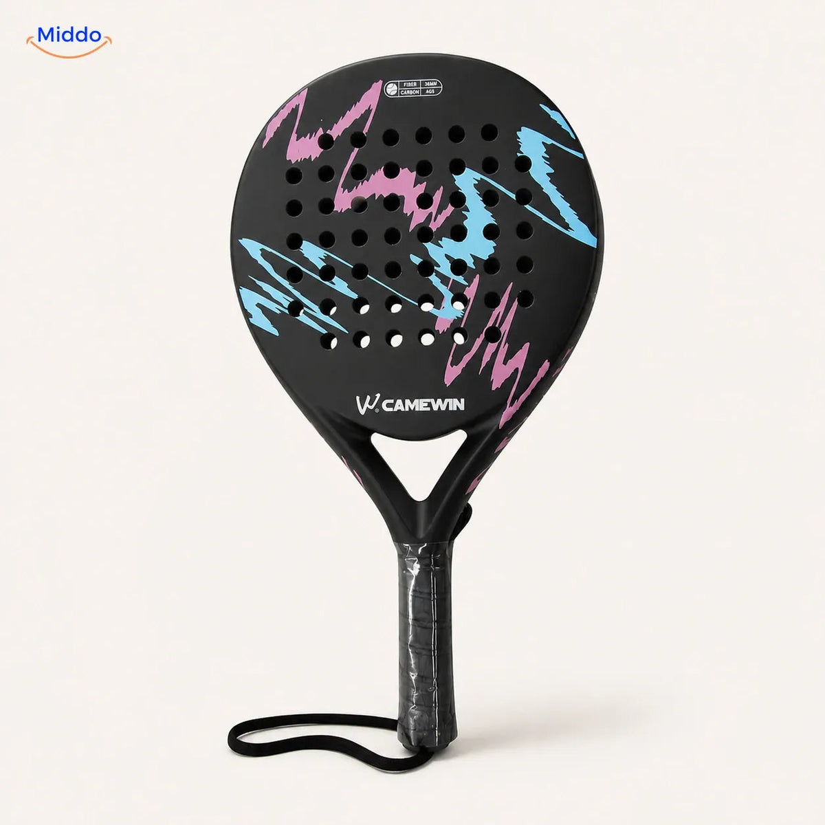 CourtMatch raquette de padel: modèle noir aux accents roses et bleus.