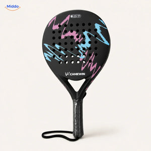 CourtMatch raquette de padel: modèle noir aux accents roses et bleus.