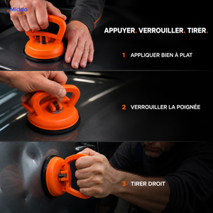 DentGrip ventouse à verrouillage: instructions en trois étapes pour appliquer, verrouiller et tirer.