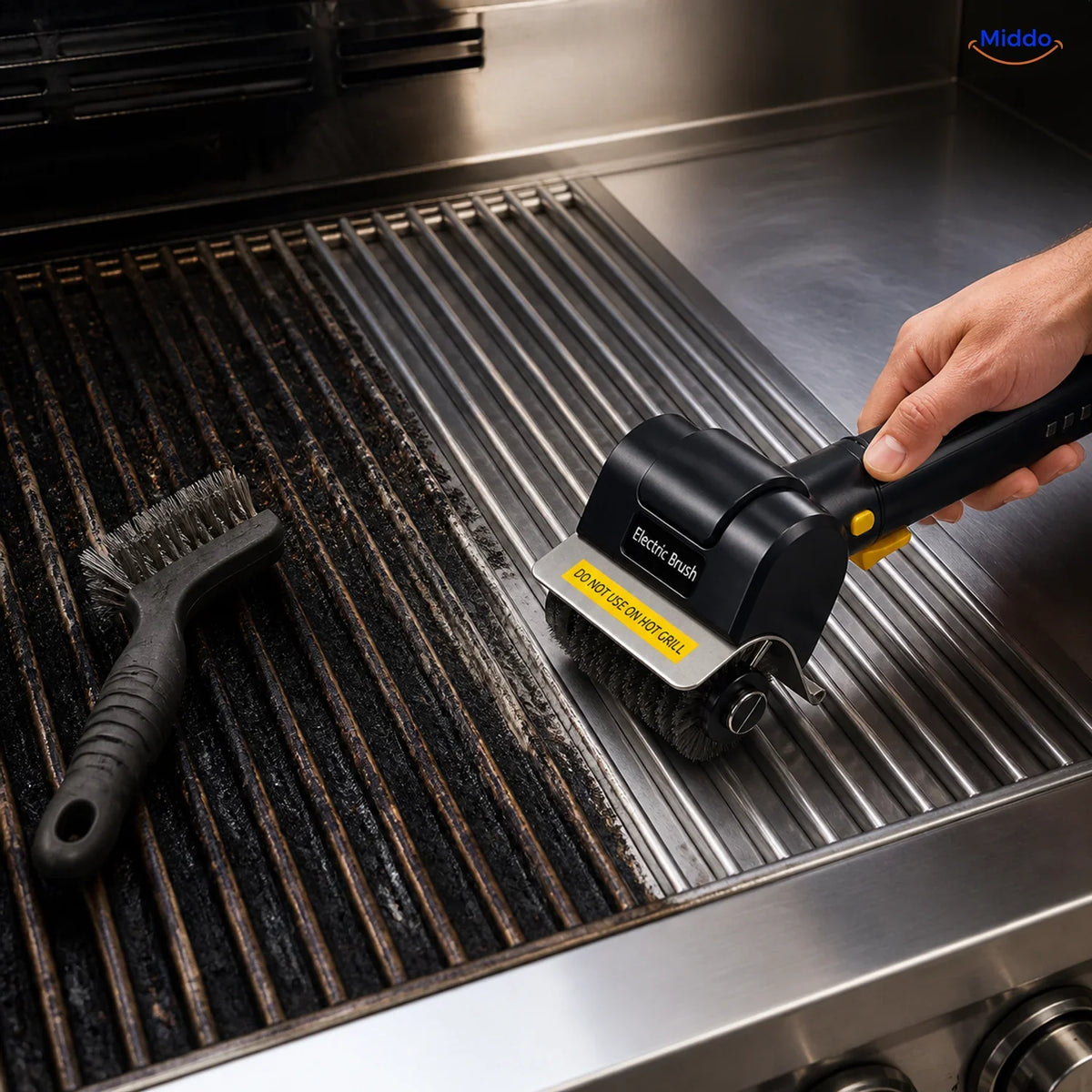GrillMaster brosse électrique pour barbecue: brosse sur une grille près d’une brosse manuelle.