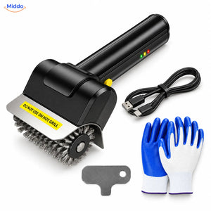 GrillMaster brosse électrique pour barbecue: ensemble avec brosse, câble de recharge, gants et grattoir.