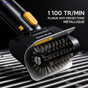 GrillMaster brosse électrique pour barbecue: gros plan du rouleau de brossage et du pare-éclaboussures métallique.