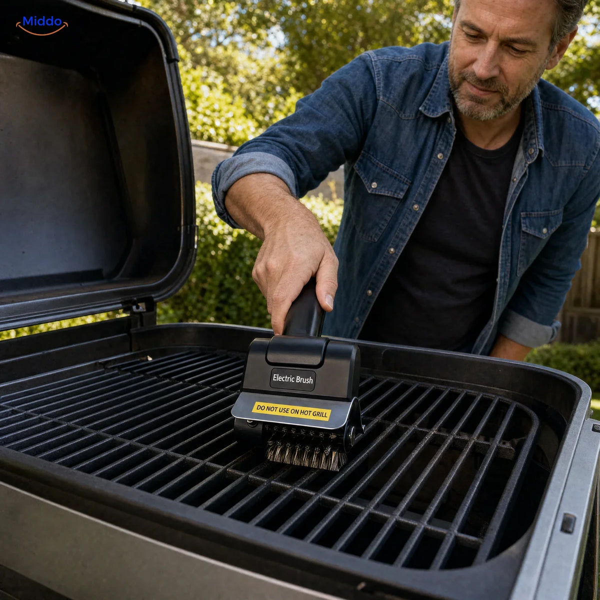 GrillMaster brosse électrique pour barbecue: homme nettoyant la grille d’un barbecue ouvert.