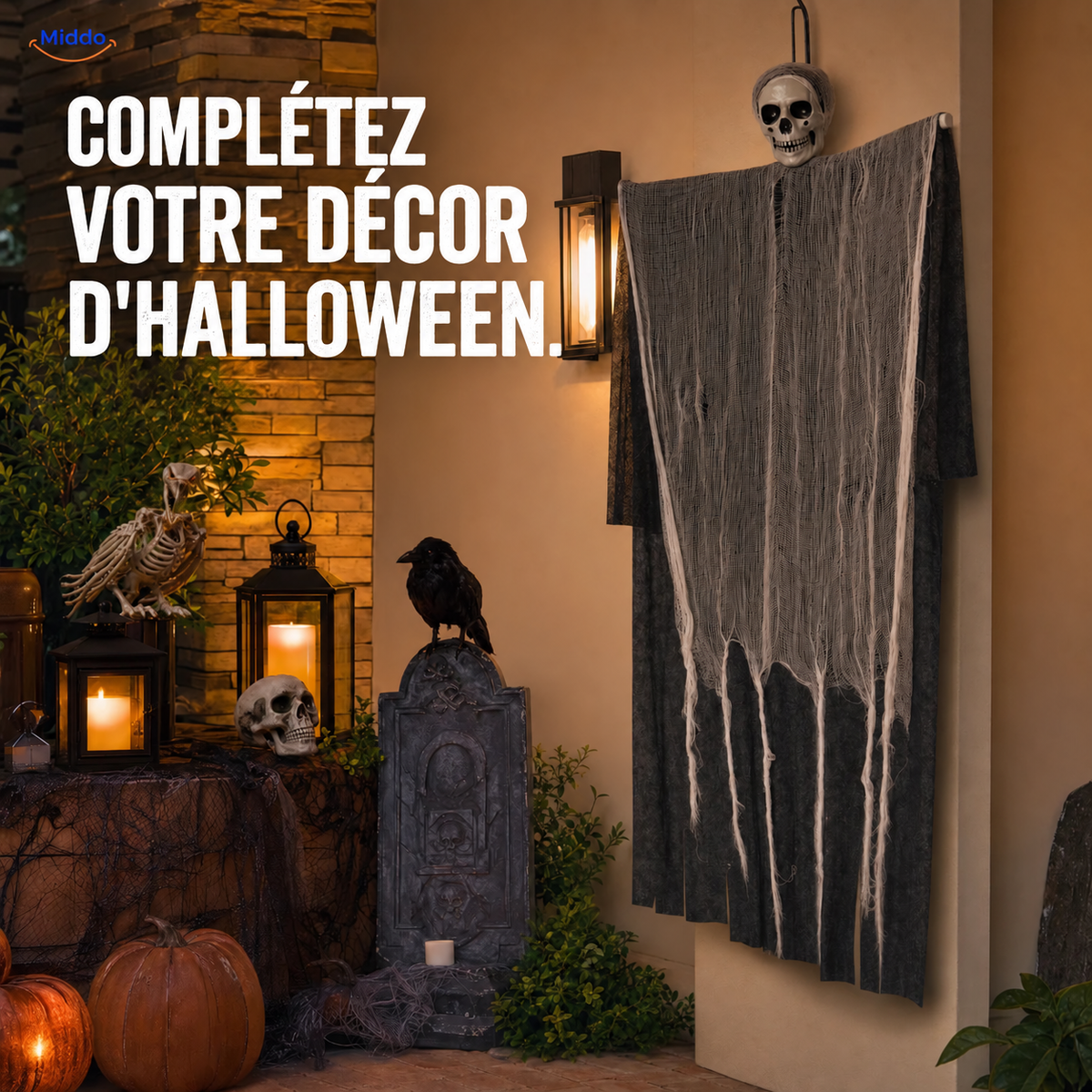 HauntCraft fantôme suspendu d’Halloween: décoration fantôme près de lanternes et accessoires d’Halloween.