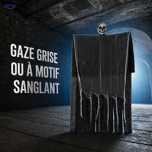 HauntCraft fantôme suspendu d’Halloween: fantôme gris avec longues bandes de gaze dans une pièce sombre.