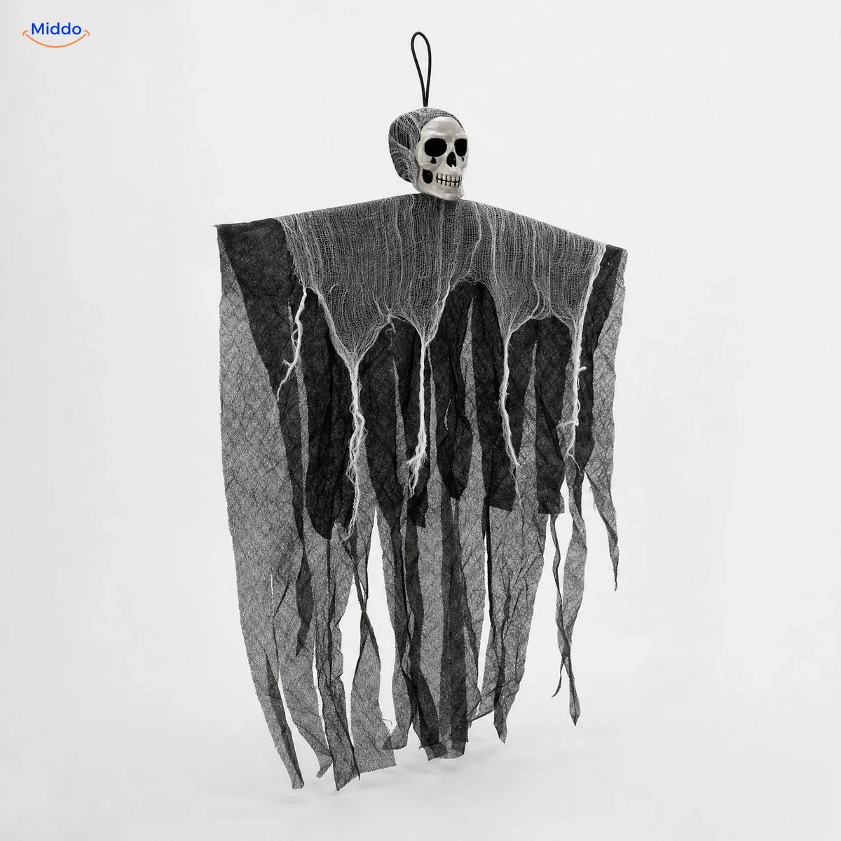HauntCraft fantôme suspendu d’Halloween: modèle gris avec longues bandes de gaze flottantes.