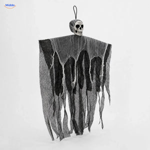 HauntCraft fantôme suspendu d’Halloween: modèle gris avec longues bandes de gaze flottantes.